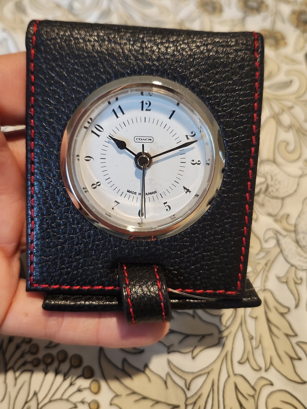 Coach Black Leather Travel Alarm Clock with Red Stitching